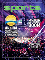 Crowded indoor sports event with vibrant lights. Magazine cover text highlights awards, economic impact, and volleyball venues. 