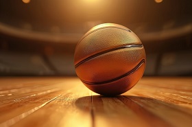 A basketball rests on a shiny court, bathed in warm, dramatic lighting.