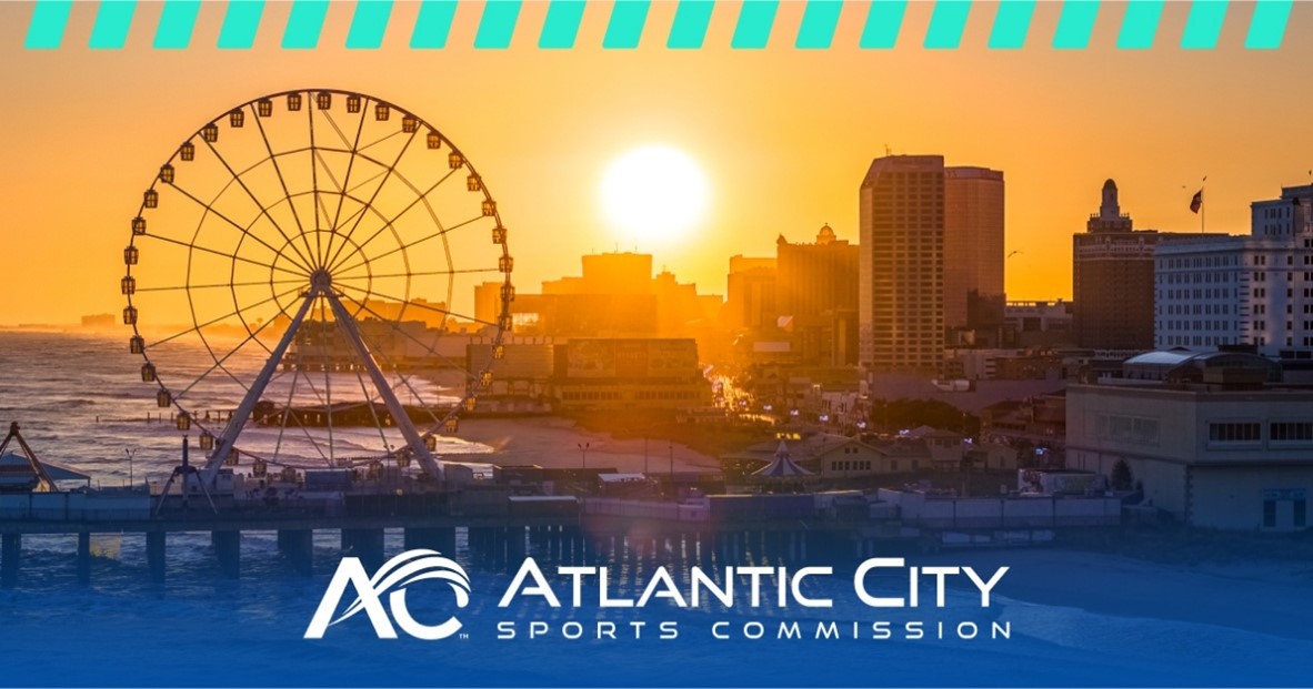 Sunset view of Atlantic City boardwalk with Ferris wheel and city buildings, featuring the Atlantic City Sports Commission logo at the bottom.