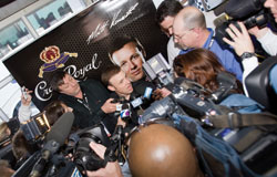Matt Kenseth gives interviews to the press during the Roush Fenway Racing 2010 Media Day at Charlotte Motor Speedway in Concord, NC. Photo &copy; Walter Arce - Dreamstime.com