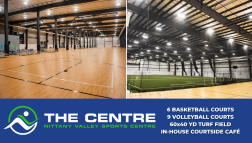 Indoor sports facility with basketball and volleyball courts. Turf field visible. Text highlights features, including a café. Bright, spacious interior.